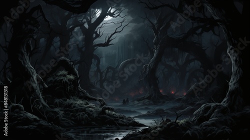 Gloomy and Eerie Forest with Twisted Trees & Moonlit Swamp at Night