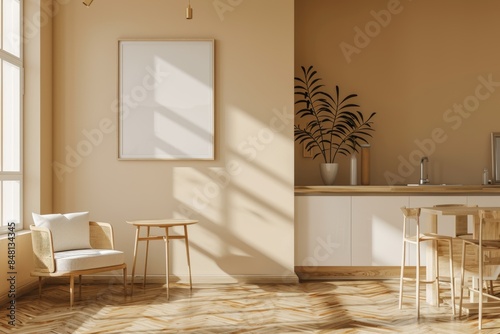 Mockup banner in beige studio interior with modern design zones