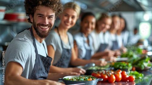 Depict a healthcare team taking a group cooking class together