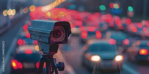 Highway Traffic Cameras Monitoring Speeding Violations for Law Enforcement Purposes. Concept Traffic Violations Detection, Law Enforcement Technology, Speeding Control, Highway Safety