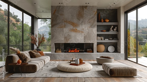 Design a modern living room with a minimalist fireplace surround, clean lines, and a sleek mantel for displaying decor.