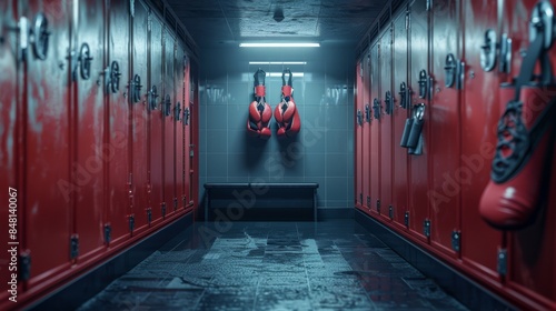 Wall hanger in a gym locker room, with hanging boxing gloves and hanging ballet slippers, hyperrealistic, photographic quality, 8k, generated with AI