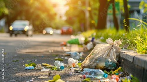 This AI-generated illustration depicts garbage bags littering a street, emphasizing the need for eco-friendly practices.