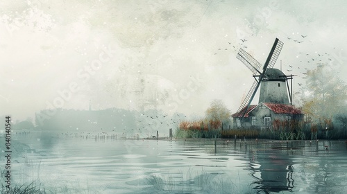 Artistic painting of rural countryside scene with traditional windmill at waterfront