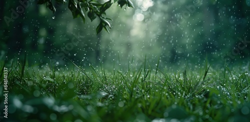 An image of fresh green grass with water drops under rain, on a blurred natural background. Stock AI concept.