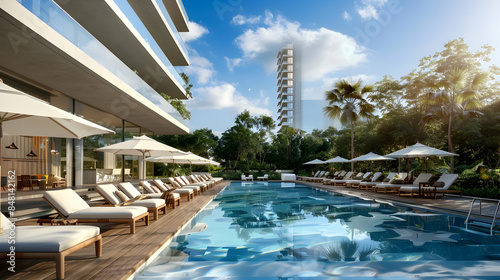 Modern condo complex with a lap pool and sunbathing terraces