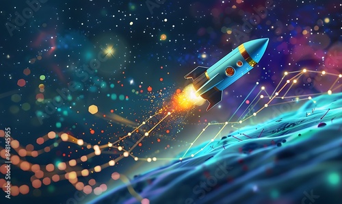 A sleek rocket soaring through a starry sky, trailing behind a vibrant chart depicting exponential growth