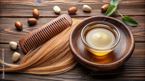 Nourishing hair mask with argan oil, alongside a comb and healthy hair strands.