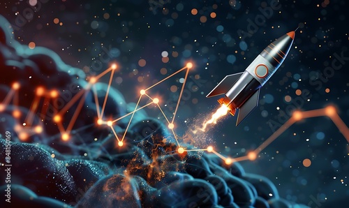 A sleek rocket soaring through a starry sky, trailing behind a vibrant chart depicting exponential growth