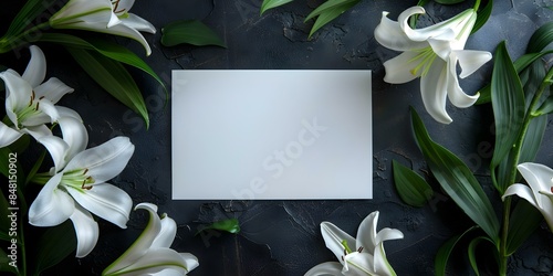 Top-down view condolence card with white lilies and empty space for pictures. Concept Condolence Card Design, White Lilies Theme, Top-Down View, Picture Frame, Empty Space,