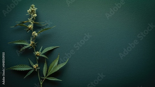 Cannabis plant against green background with visible leaves and buds