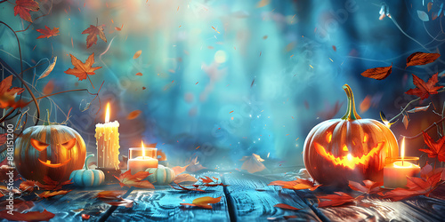 Halloween background with pumpkins and haunted house, Happy Halloween - Ai Generated