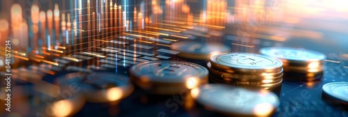 Abstract image of coins and a blurred background of data.