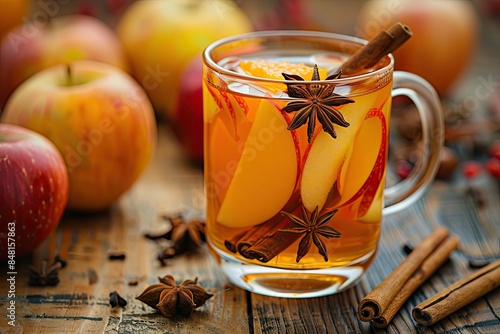 Transparent mug of hot apple drink with anise, cinnamon sticks, orange, and apple slices. Fresh apples and cinnamon sticks on a wooden table add to the cozy autumn atmosphere