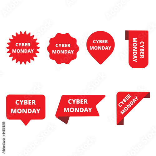 Conjunto de etiquetas de Cyber Monday en blanco y rojo sobre un fondo blanco aislado. Vista de frente y de cerca. Copy space