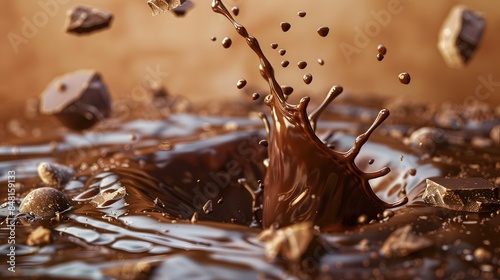 Dynamic splash of melted chocolate with chunks, showcasing indulgent and rich decadent flavors