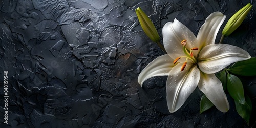 Condolence Message Space on Dark Stone Background with Lily Funeral Flower. Concept Condolence Message, Dark Stone Background, Lily Funeral Flower, Sympathy Card, Mourning Design