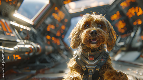 Cute dog astronaut in a spacecraft.