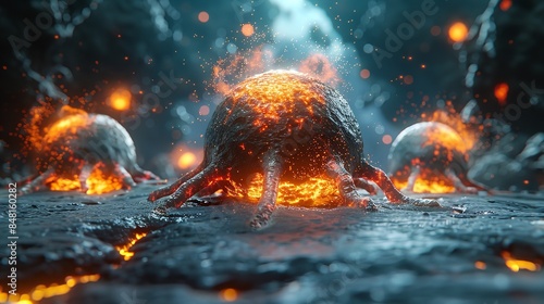A digital illustration depicting three glowing orbs emerging from a fiery nebula, surrounded by a swirling, gaseous environment