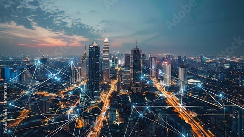 A cityscape with a lot of Wi-Fi signals. The city is lit up at night, and the Wi-Fi signals are visible in the sky. Concept of connectivity and modernity