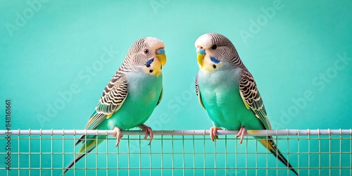 Two budgerigars perched on a pastel teal grid , budgerigars, birds, perched, teal, pastel, grid, colorful, two, animals, parakeets