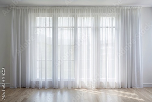 White sheer curtain hanging in a bright room , home decor, window treatment, textile, interior design