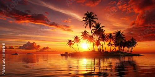 Beautiful sea sunset on a tropical island, illustrated in warm reddish tones, Sea, sunset, tropical, island, seascape,warm, reddish