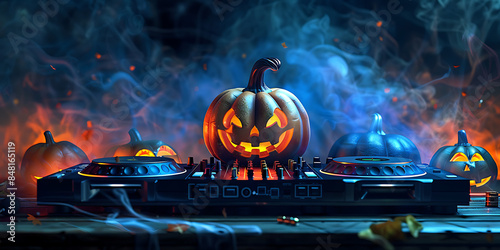 Halloween pumpkin on a dj table background, Happy Halloween - Ai Generated