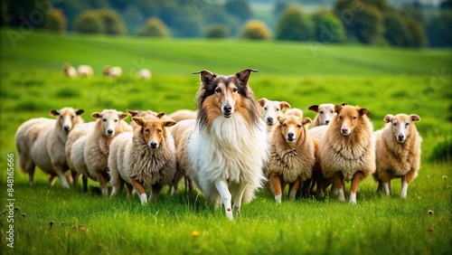 Collie dog herding sheep beside Shetland sheepdogs in a lush green field, Collie, dog, herding, sheepdog, Shetland, grassy