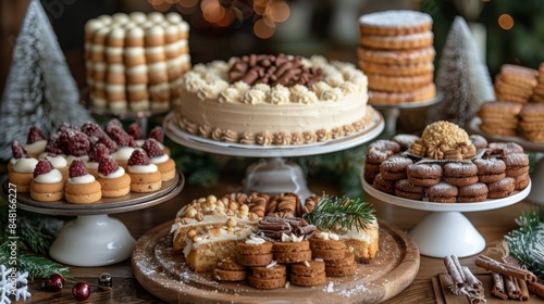 Set up a modern holiday dessert bar with metallic cake stands, sleek dessert plates, and minimalist holiday treats.