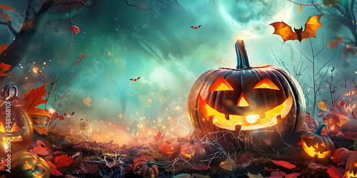 Happy kids at a Halloween pumpkin party background, Happy Halloween - Ai Generated