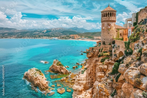 panoramic view of villajoyosa town and malladeta tower in spain picturesque coastal landscape