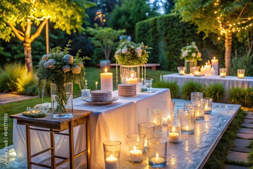 Serene garden party with light materials, indirect lighting, and minimalist icy decor, serene