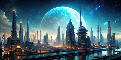 Sci fi city with futuristic architecture under the glow of a bright moon , futuristic, cityscape, moonlight, sci fi