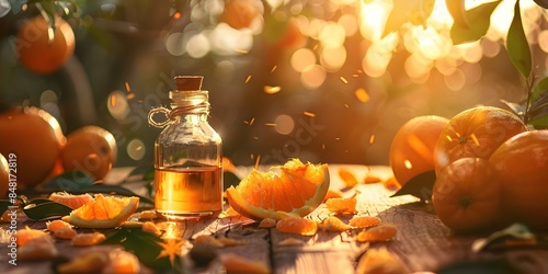 Glass bottle of neroli oil on wooden table with scattered orange items. Concept Product Photography, Aromatherapy, Wooden Table Decor, Citrus Scents, Still Life Arrangement