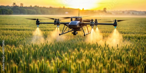 Closeup of a drone spraying pesticide on a wheat field, drone, spraying, pesticide, wheat, field, agriculture
