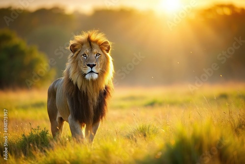 Lion standing in a sunlit meadow , Lion, grassland, sunlight, nature, wildlife, majestic, powerful, scenery, savanna