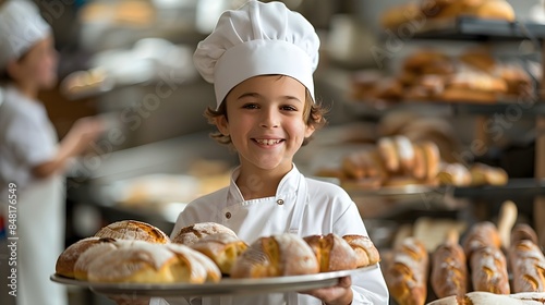 Proud Young Chef Holding Tray of Freshly Baked Bread in Commercial Kitchen