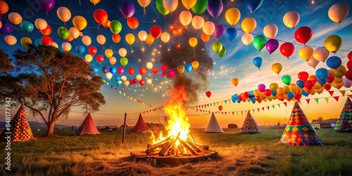 Feast of S?o Jo?o with lit balloons from Festa Junina around a bonfire at dusk , S?o Jo?o, feast, Festa Junina, balloons