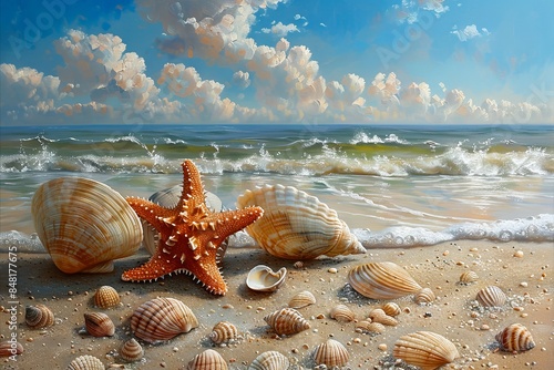 A painting of shells and starfish on the beach.