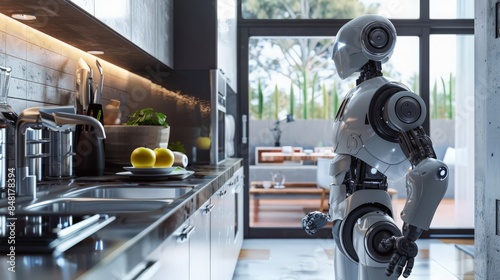 Create an image of a humanoid robot assisting with household chores in a modern setting