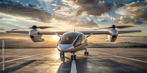 Revolutionary aircraft concept showcasing an eVTOL airplane on the ground, future, flight, electric