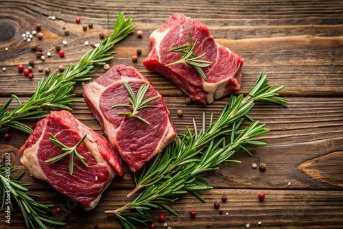 Juicy cuts of red meat with rosemary sprig, red meat, glistening, animal fat, fragrant, rosemary, tempting, senses, hearty meal