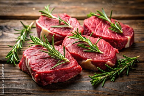 Juicy cuts of red meat with rosemary sprig, red meat, glistening, animal fat, fragrant, rosemary, tempting, senses, hearty meal