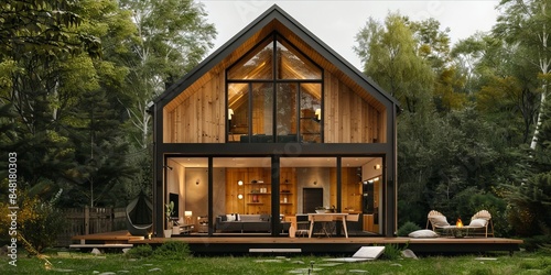 A small cabin in the woods with glass windows.