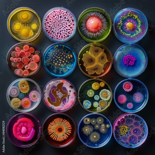 Array of Petri dishes featuring vibrant, rainbow-colored bacterial colonies, each one unique, set against a black background for dramatic effect