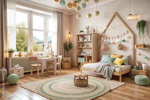 Cozy Scandi-Boho children's room interior with pastel colors and wooden furniture, Children, room, interior, cozy, Scandi, Boho