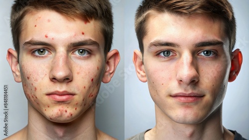 Acne transformation on a young man's face, before and after cosmetology treatment, Acne, skin care, dermatology