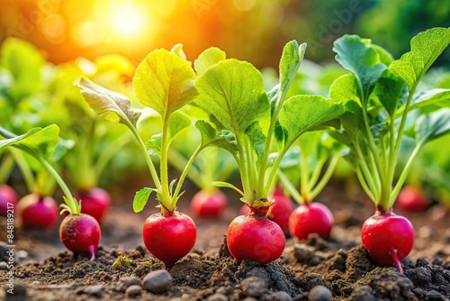 Organic radishes growing in fertile soil in a vegetable garden representing sustainable agriculture