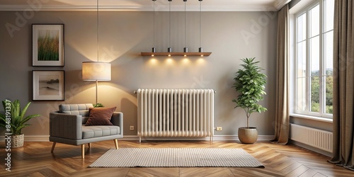 Cozy room interior with a modern radiator, central heating installation, and warm ambiance , home, interior, wood floor